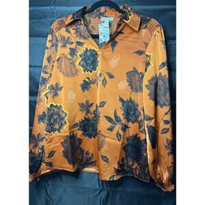 Canyon Retreat Black Floral Satin Blouse Rust Orange Long Sleeve VNeck Collar-XS